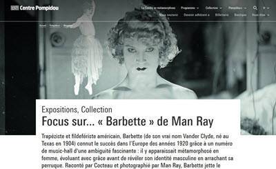 Screenshot du site web du Centre Pompidou : détail du portrait de Barbette par Man Ray et début de l'article