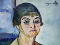 Autoportrait réaliste de Suzanne Valadon en buste, seins nus, un collier autour du cou