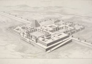 Palais de Ninive, Irak - Vue cavalière, avec des amorces du mur d'enceinte.