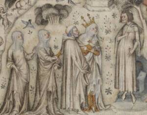 Miniature du XIVe siècle : Nature offre à Guillaume de Machaut trois enfants : Sens, Rhétorique et Musique - Gallica / BNF