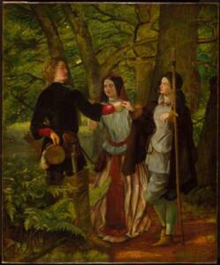 Comme il vous plaira, Acte IV, Sc&egrave;ne 1- Rosalind Tutoring Orlando in the Ceremony of Marriage or The Mock Marriage of Orlando and Rosalind, peinture de Walter Howell Deverell et Dante Gabriel Rossetti