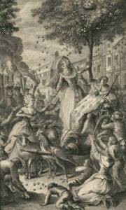 Olympe de Gouges donne sa Déclaration des droits de la femme et de la citoyenne (1791) à la reine Marie-Antoinette, debout à côté de Louis XVI - C. Frussotte, graveur ; Claude-Louis Desrais, dessinateur - Bibliothèque nationale de France - Gallica