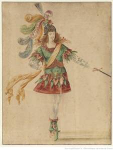 Dessin du costume du Ballet intitulé : "La Nuit," représenté à la Cour en 1653, dans lequel Louis XIV figura habillé en soleil.